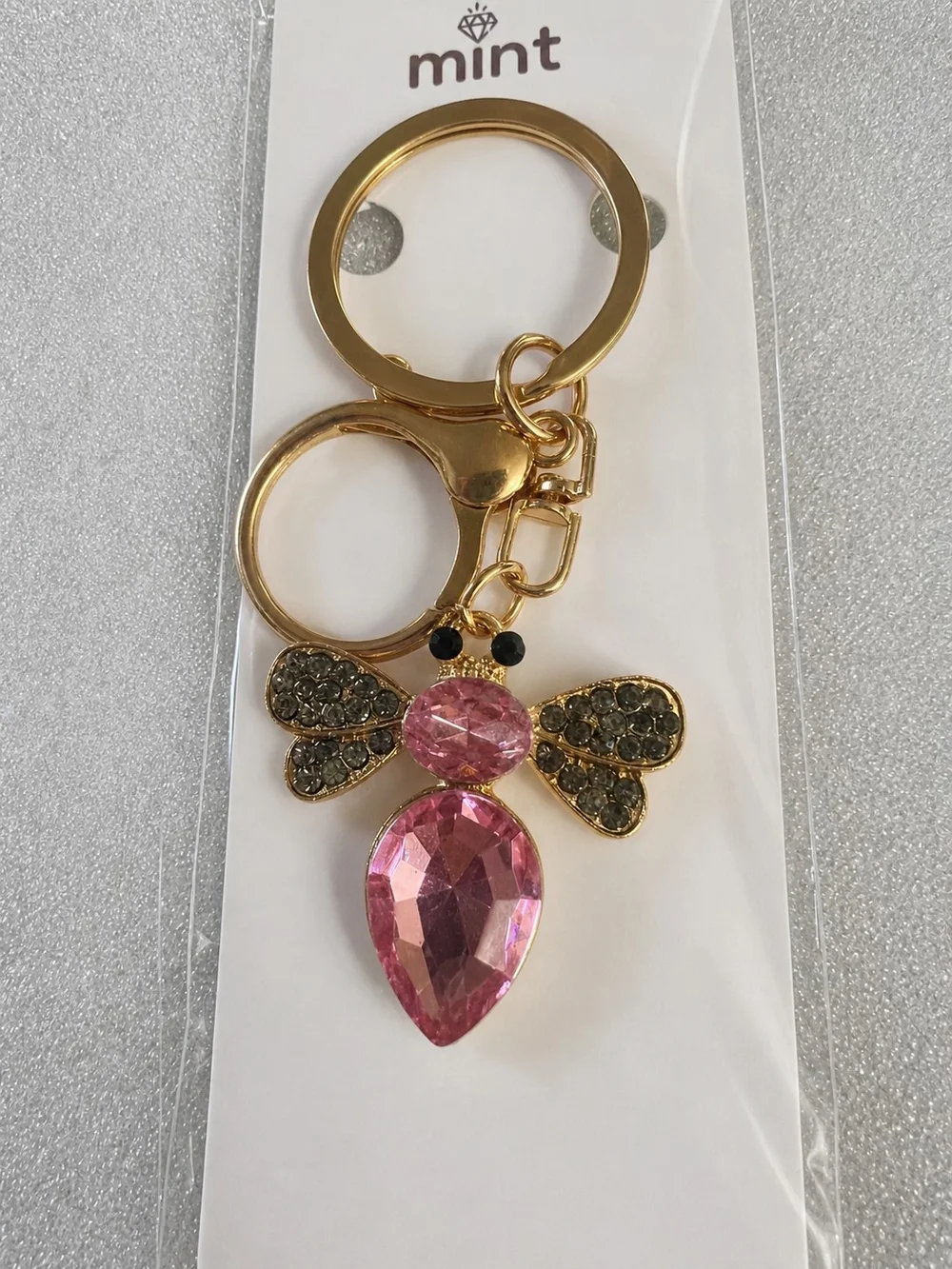 mint Pink Crystal Bee Key & Card Holder with Gold Hardware